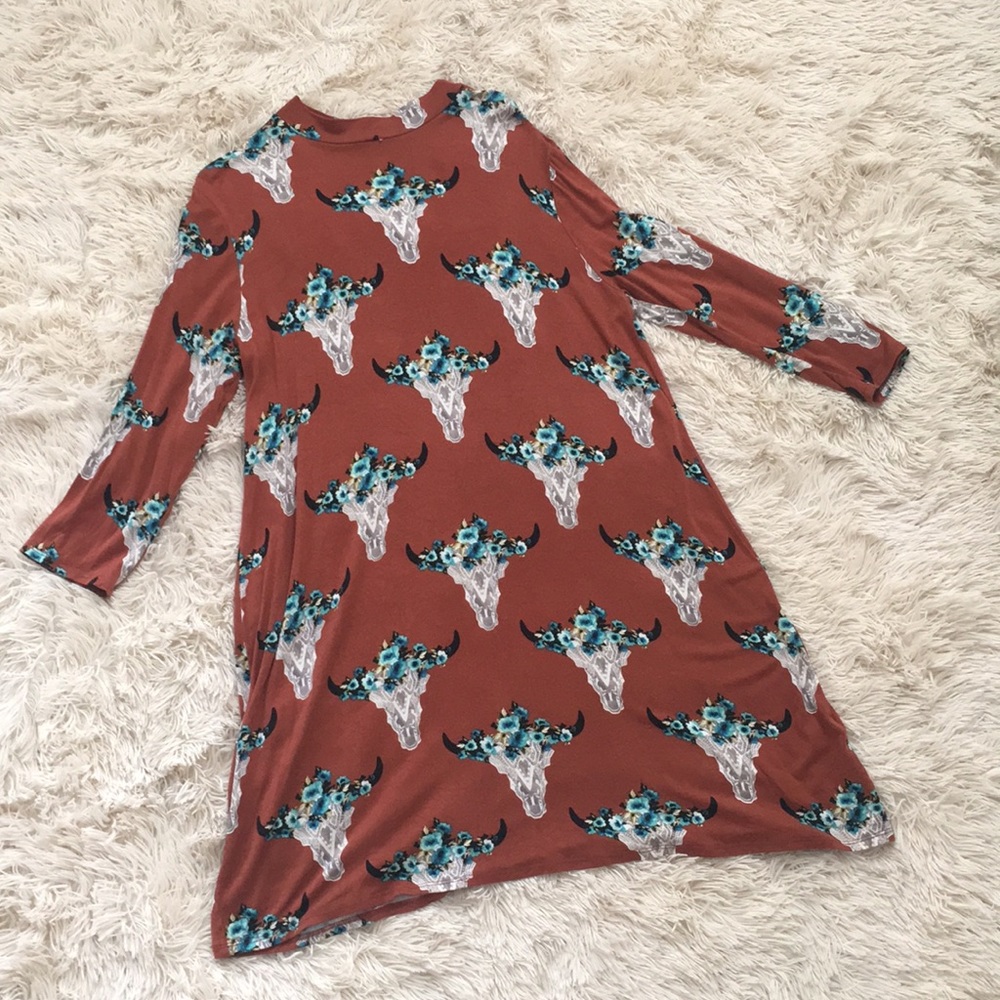Peach Love Rust Steer Head 3/4 Sleeve Dress